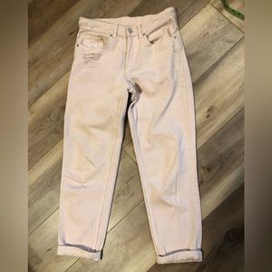 & DENIM PALE PINK DISTRESSES CUFFED BOYFRIEND JEANS SIZE 25